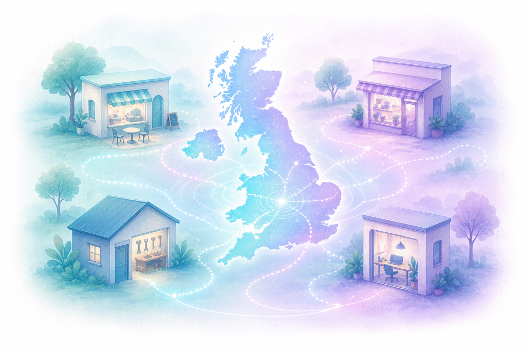 Soft pastel illustration of a glowing UK map connected by dotted lines to small local businesses including a café, shop, workshop, and home office, representing community connection and support.