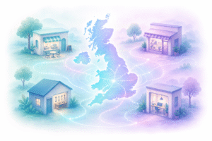 Soft pastel illustration of a glowing UK map connected by dotted lines to small local businesses including a café, shop, workshop, and home office, representing community connection and support.
