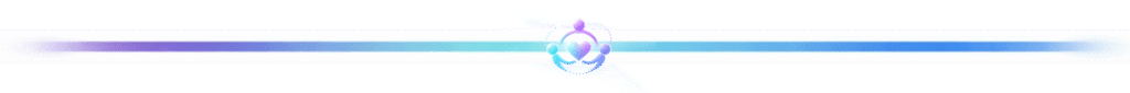 Divider line with a gradient from purple to blue. In the centre is an icon depicting people and connection around a tiny heart