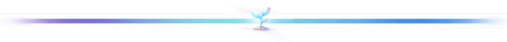 Divider line with a colour gradient going from purple to blue. In the centre is an icon depicting a seedling growing