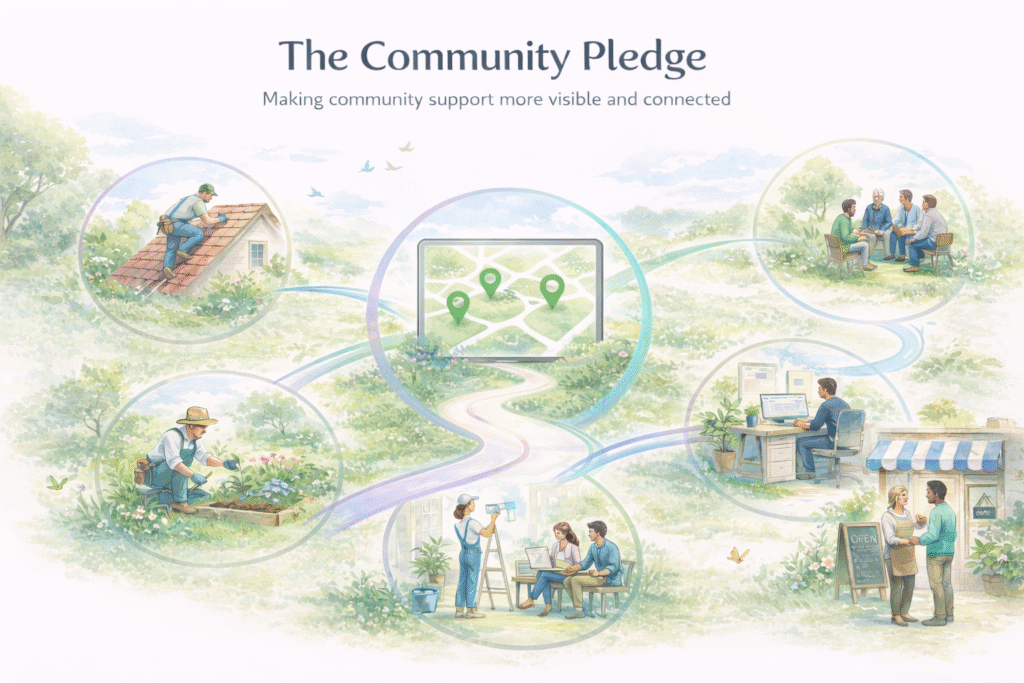 Illustration of varied local businesses – from hands-on trades to desk-based work and small shops – connected by a central map, representing Community Pledge members supporting aDoddle while making their community impact more visible