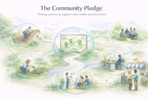 Illustration of varied local businesses – from hands-on trades to desk-based work and small shops – connected by a central map, representing Community Pledge members supporting aDoddle while making their community impact more visible