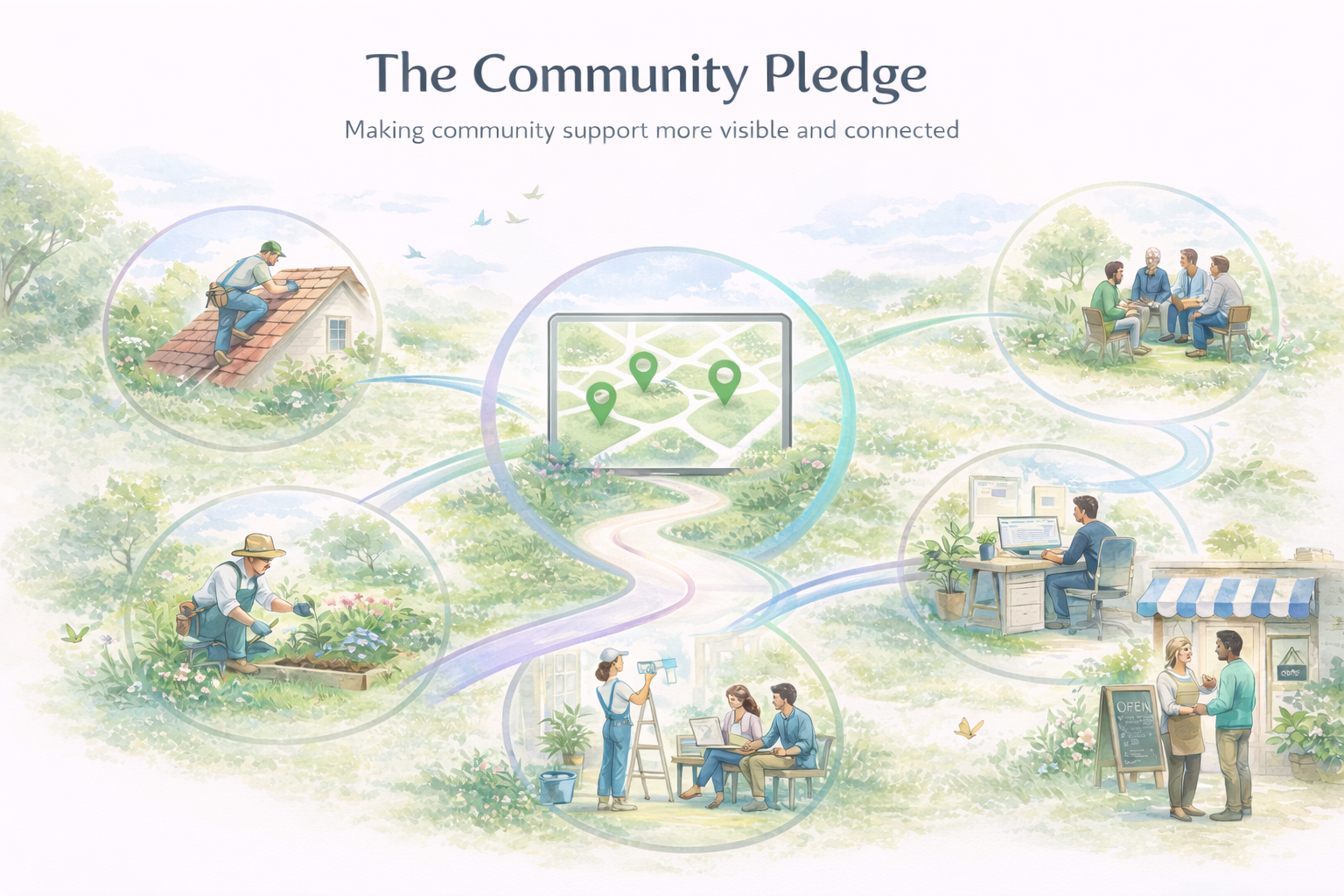 Illustration of varied local businesses – from hands-on trades to desk-based work and small shops – connected by a central map, representing Community Pledge members supporting aDoddle while making their community impact more visible