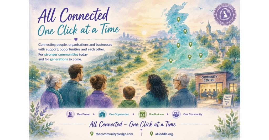Watercolour-style illustration showing people of different generations looking across a connected community landscape with pathways, community buildings and a UK map marked with green location pins. The image represents visibility, connection and community support through The Community Pledge and aDoddle.org.