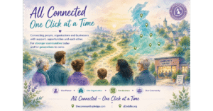 Watercolour-style illustration showing people of different generations looking across a connected community landscape with pathways, community buildings and a UK map marked with green location pins. The image represents visibility, connection and community support through The Community Pledge and aDoddle.org.