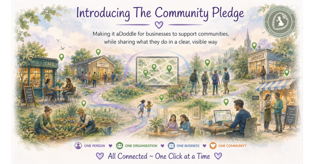 Illustration of varied local businesses – from hands-on trades to desk-based work and small shops – connected by a central map, representing Community Pledge members supporting aDoddle while making their community impact more visible
