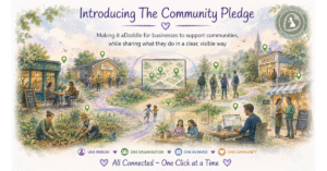 Illustration of varied local businesses – from hands-on trades to desk-based work and small shops – connected by a central map, representing Community Pledge members supporting aDoddle while making their community impact more visible