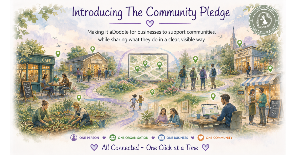 Illustration of varied local businesses – from hands-on trades to desk-based work and small shops – connected by a central map, representing Community Pledge members supporting aDoddle while making their community impact more visible