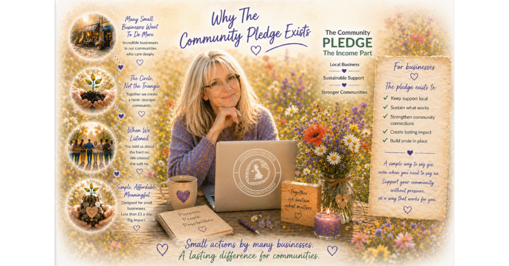 Jaki King, Founder of If Everyone Cares CIC, sits at an outdoor wooden table in a wildflower meadow, smiling warmly with her laptop showing aDoddle.org. Surrounding her are illustrated circles showing why The Community Pledge exists - including supporting small businesses, building stronger communities and creating lasting impact. Text reads: Small actions by many businesses. A lasting difference for communities.