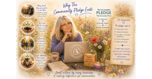 Jaki King, Founder of If Everyone Cares CIC, sits at an outdoor wooden table in a wildflower meadow, smiling warmly with her laptop showing aDoddle.org. Surrounding her are illustrated circles showing why The Community Pledge exists - including supporting small businesses, building stronger communities and creating lasting impact. Text reads: Small actions by many businesses. A lasting difference for communities.