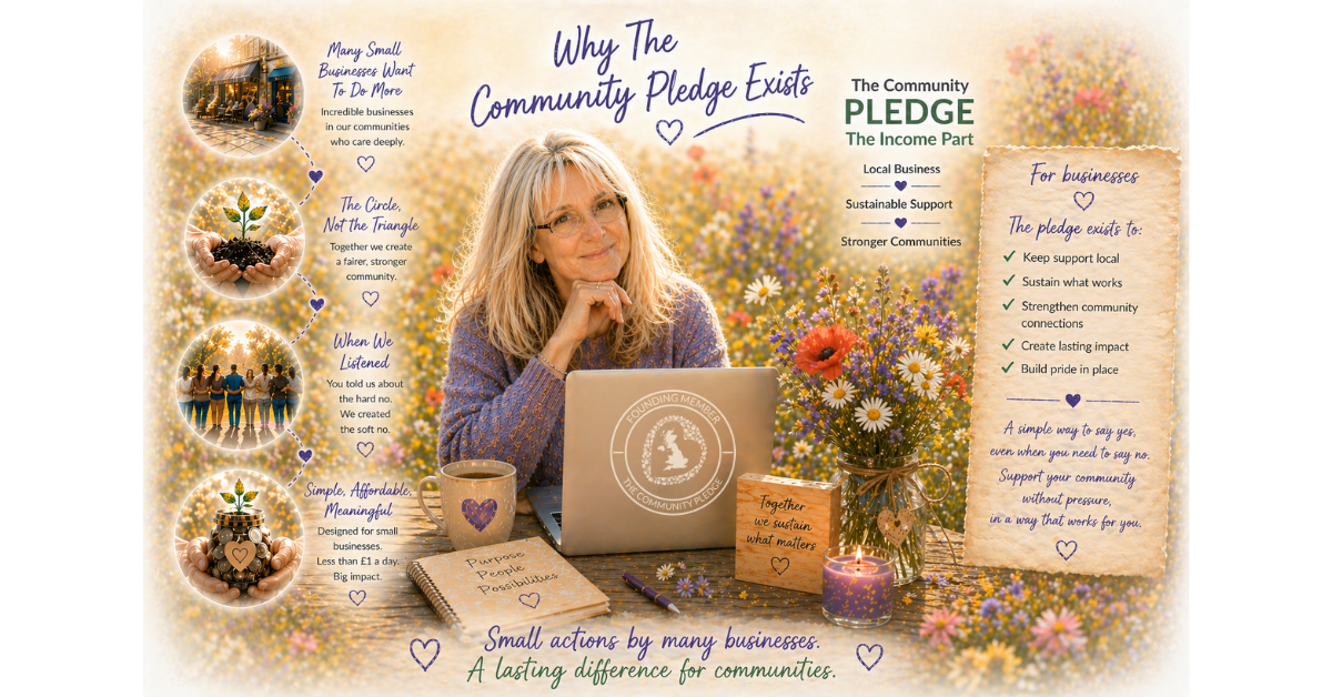 Jaki King, Founder of If Everyone Cares CIC, sits at an outdoor wooden table in a wildflower meadow, smiling warmly with her laptop showing aDoddle.org. Surrounding her are illustrated circles showing why The Community Pledge exists - including supporting small businesses, building stronger communities and creating lasting impact. Text reads: Small actions by many businesses. A lasting difference for communities.