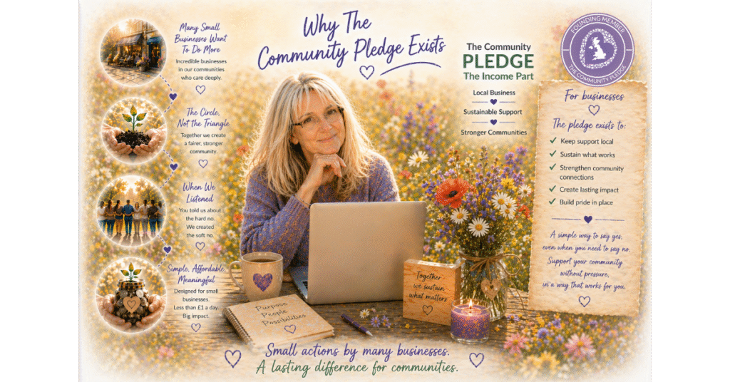 Jaki King, Founder of If Everyone Cares CIC, sits at an outdoor wooden table in a wildflower meadow, smiling warmly with her laptop showing aDoddle.org. Surrounding her are illustrated circles showing why The Community Pledge exists - including supporting small businesses, building stronger communities and creating lasting impact. Text reads: Small actions by many businesses. A lasting difference for communities.